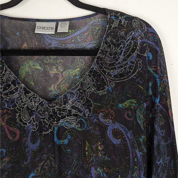 Chico's Paisley Sheer Silk Beaded Poncho Blouse‎ Fairy Grunge Boho Whimsical M/L - Picture 2 of 8